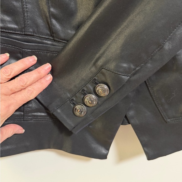 Women's Double-Breasted Coated Black Denim Jacket - looks like leather - Picture 8 of 16